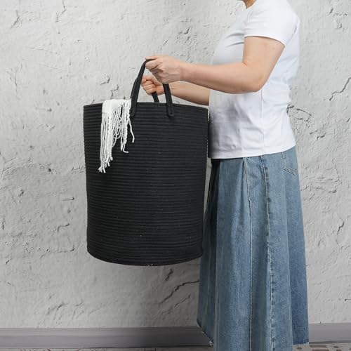 Woven Cotton Rope Laundry basket-15”X20” Laundry Hamper-Rope Storage Basket for Dirty Clothes, Toys and Blankets Perfect for Bathroom, Baby nursery and Living Room Storage (black) - color: black, size: regular