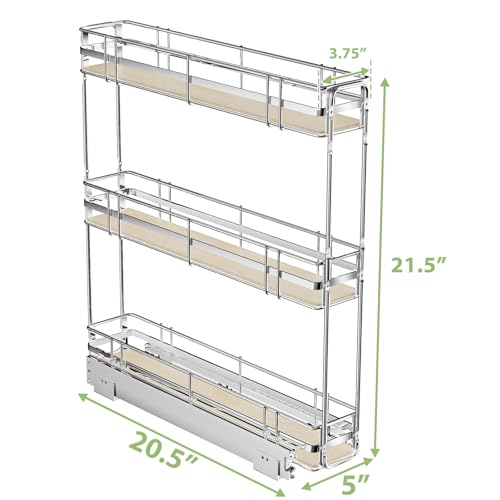 ROOMTEC 3-Tier Pull Out Cabinet Organizer Spice Rack for Narrow Cabinet 5" W x 20½" D, Slide Out Wood Shelves Storage for Kitchen - size: 5" W x 20½" D, 3 Tier, Wood Shelves