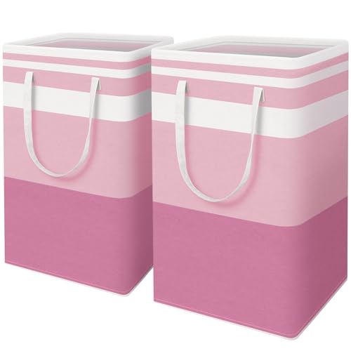 HomeHacks 2 Pack Large Laundry Baskets, Waterproof, Freestanding Laundry Hampers, Collapsible Clothes Hamper with Reinforced Handles in Laundry, College Dorm, Bathroom, Bedroom (Pink, 88Lx2) - color: Pink, size: 88L