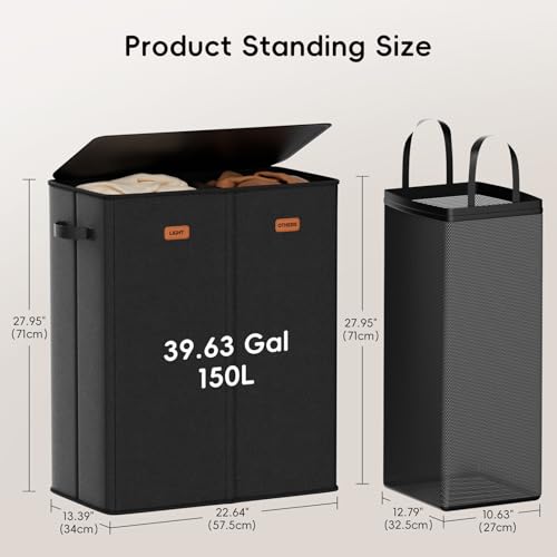 150L Double Laundry Hamper With Lid, Large Clothes Hampers with Removable Bag, Laundry Hamper 2 Section for Bathroom, Bedroom, Laundry Room, Dorm, Black - color: Black, size: 150L - 2 Section