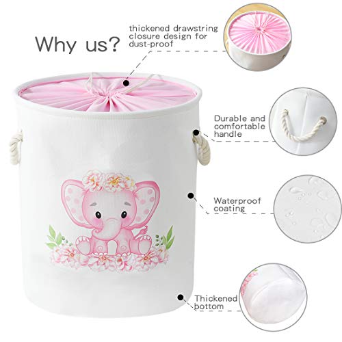 INough Laundry Baskets Kids Laundry Hamper, Pink Baby Hamper Elephant Basket Large Collapsible Kids Hamper with Handles Waterproof Round Linen Storage Basket for Toddler/Girls (Pink Elephant) - color: Pink Elephant
