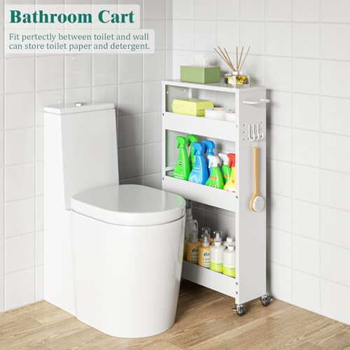 XYZLVSI Slim Storage Cart, 4 Tier Rolling Kitchen Cart on Wheels for Small Space, Narrow Laundry Bathroom Organizers Mobile Shelving Unit Metal Utility Cart with Handle, 5.9in Width, White - size: 5.9IN-White