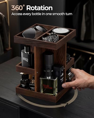 ProCase 3-Tier 360° Rotating Cologne Organizer for men, Large Capacity Wooden Countertop Display Rack for Bathroom & Dresser, Space-Saving Vanity Tray for Perfume & Skincare, Gifts for Him (Brown) - color: Brown