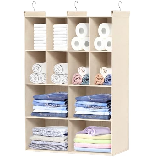 Ofiray-home 4 Tier Hanging Closet Organizer, 12 Compartments Sweater Organizer for Closet with 3 Sturdy Hooks, Closet Organizers and Storage, Wardrobe, Rv, Garment Rack, Beige - color: Beige, size: 4-Tier