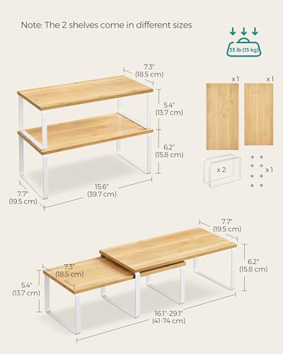 SONGMICS Cabinet Organizer Shelf, Set of 4 Kitchen Counter Shelves, Kitchen Storage, Spice Rack, Stackable, Expandable, Metal and Engineered Wood, Cloud White and Natural Beige UKCS210W01 - color: Cloud White + Natural Beige, size: 15.6"W