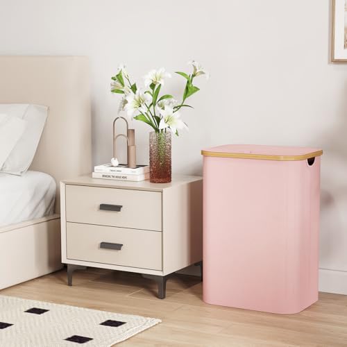 Lifewit 80L Laundry Basket with Lid, Clothes Hampers for Laundry with Bamboo Handles and 1 Removable Bag, Large Foldable Laundry Hamper for Bedroom, Bathroom, Dorm, Laundry Room, Pink - color: Pink, size: 80L