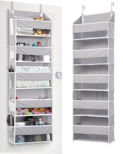 ULG 1 Pack Over Door Organizer with 5 Large Pockets 10 Mesh Side Pockets, 44 lbs Weight Capacity Hanging Storage Organizer with Clear Window for Kids Toys, Shoes, Diapers, Grey, 5 Layer - color: Grey, size: 1 Pack-5 Tier