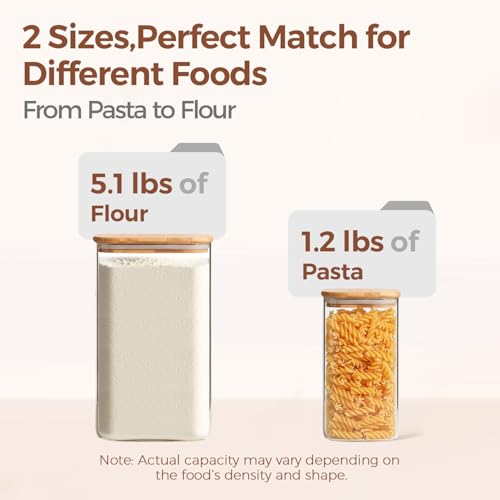 ComSaf Glass Pantry Storage Containers, 4.6Qt/1.6Qt Large Square Flour and Sugar Containers with Airtight Lids, 1.2 Gallon Glass Jars with Bamboo Lids for Rice, Pasta, Cookies, Coffee Beans - color: 4.6Qt/1.6Qt-Square