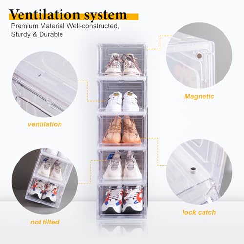Attelite Shoe Box,Set of 6,Stackable Plastic Clear Shoe Box Organizer with Magnetic Door,Shoe Storage Box Thicken Sturdy,Easy Assembly,Fit up to US Size 12,Black - color: Clear Black, size: XL-6-pcs