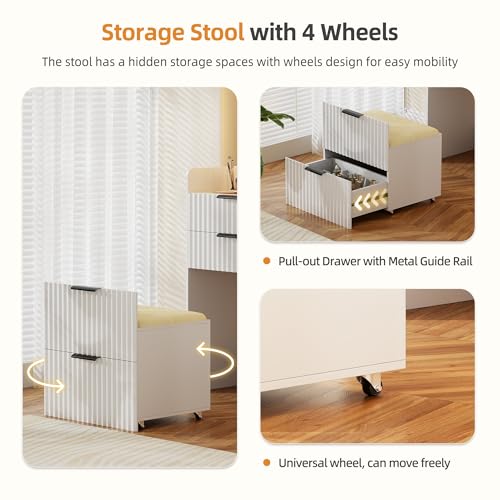 Gurexl Small Fluted Vanity Desk with Mirror and Lights, 3-in-1 Compact Makeup Vanity Set with Hidden Storage Stool, Mini Dressing Table with 3 Drawers, for Girls (White) - color: White-led