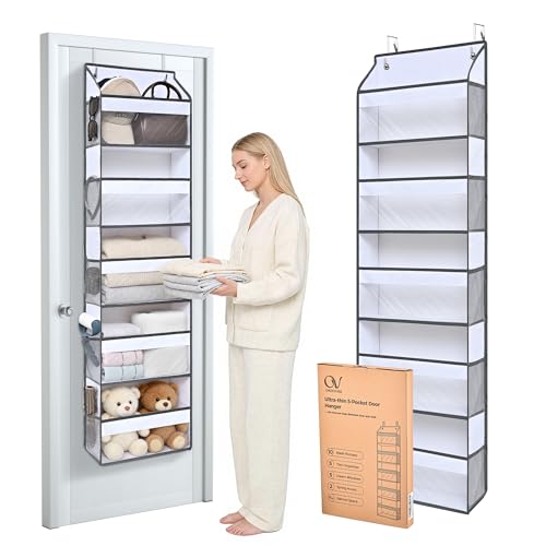5 Tiers Ultra-thin Over Door Organizer with 10 Mesh Side Pockets, 44 lbs Weight Capacity Hanging Storage Organizer with Clear Window Kids Toys, Shoes, Diapers, White & Grey