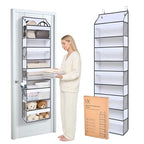 5 Tiers Ultra-thin Over Door Organizer with 10 Mesh Side Pockets, 44 lbs Weight Capacity Hanging Storage Organizer with Clear Window Kids Toys, Shoes, Diapers, White & Grey