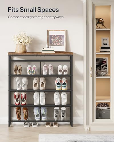 CHOEZON Shoe Rack, 5-Tier Slanted Shoe Storage Shelf, Narrow Shoe Rack for Entryway, Shoe Organizer with Adjustable Feet, Slim Shoe Shelf with Wooden Top and Metal Frame Rustic Brown and Black TXJ02BF - color: Rustic Brown, Black, size: 29.5"L x 7.9"W x 4