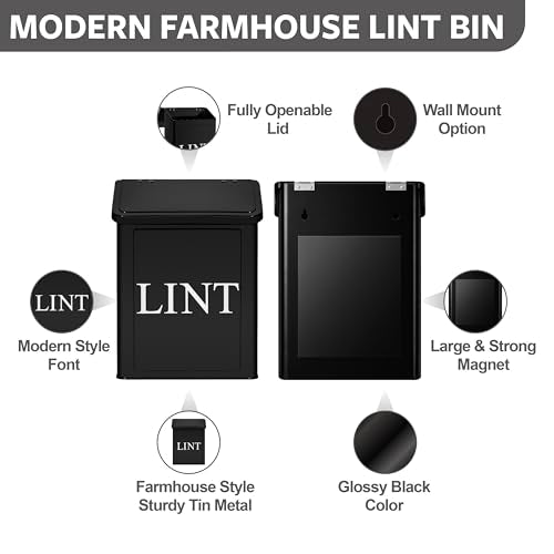 Calindiana Modern Farmhouse Metal Magnetic Lint Bin with Lid and Laundry Room Organization and Storage Wall Mount Space Saving Washer and Dryer Trash Can (Black (LINT Brush Set)) - color: BLACK (LINT BRUSH SET)