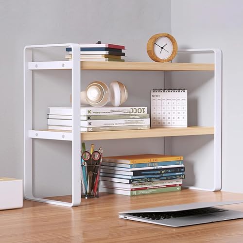 SIDIANBAN Desktop Organizer Shelf Office Storage Rack Computer Desk Bookshelf Adjustable Display Shelf for Office Supplies (White) - color: White Rack & Yellow Board