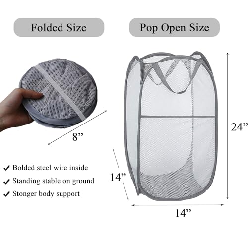 Larpur 2 Pcs Popup Mesh Laundry Baskets, Collapsible and Portable Clothes Washing Laundry Hampers with Reinforced Carry Handles, Gray Clothes Hamper for Home, Travel, College Dorm - color: 2*Grey