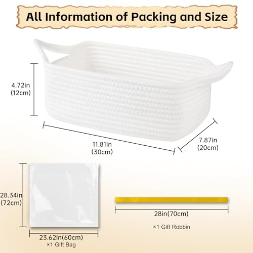 OIAHOMY 7L Woven Basket, Gift Basket Empty with Gift Bags and Ribbons, Rope Baskets for Baby Showers, Storage Baskets with Handles for Nursery, Pet Toy Organizer - White - color: White, size: Small: 11.81L*7.87W*4.72H