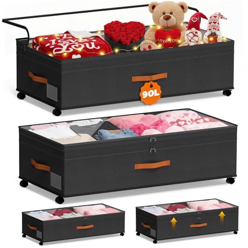 Under Bed Storage with Wheels, 35.5 inches Underbed Storage Large Capacity Under Bed Rolling Containers, 2 Pack Under the Bed Storage for Clothes, Shoes, Blankets (Deep Black) - color: Deep Black