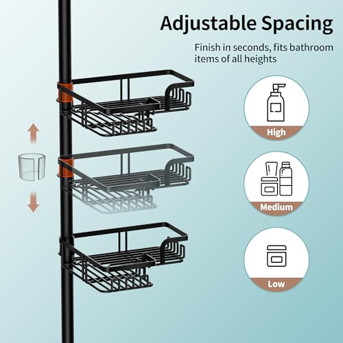 KEGII 2-in-1 Soap Holders x 2 & 32 Hooks Shower Caddy Tension Pole, Stainless Steel Adjustable Corner Shower Organizer for Bathroom, 25–114.2 Inches, Black - color: Black