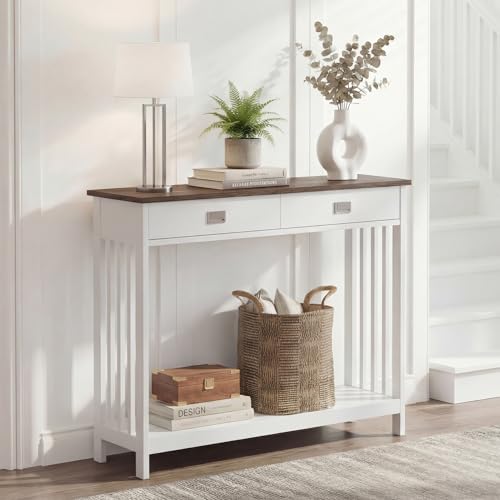 ChooChoo 39" Farmhouse Entryway Table with Drawer, Narrow Console Table with Storage Shelf, Sofa Table for Living Room, Entryway, and Hallway, White and Brown - color: White&brown, size: 11.8"D x 39.4"W x 31.5"H