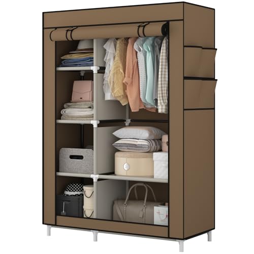 Calmootey Portable Closet Organizers, Clothing Storage, Wardrobe with 6 Shelves and Hanging Rod, Non-Woven Fabric Cover with 4 Side Pockets, Brown - color: Brown