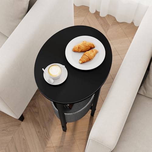 Vagusicc Round Side Table End Table with Storage Basket, Small Side Table Round Nightstand for Small Spaces, Tall Oval End Table with Steel Frame, Coffee Bedside Table for Living Room Bedroom, Black - color: Black