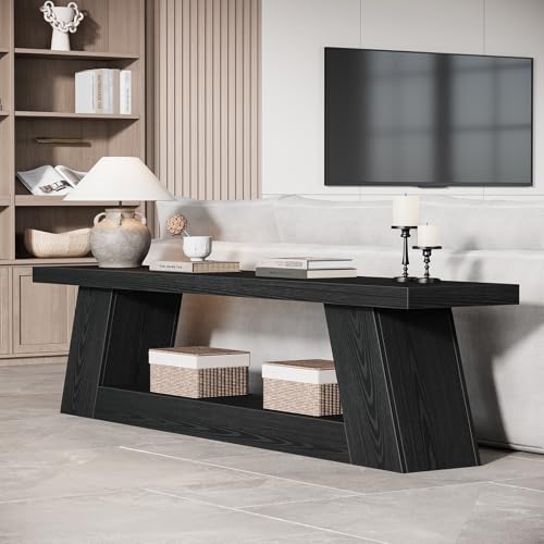 Tribesigns 63" Wooden Entryway Bench with Storage Shelf, Rustic Extra Long Bench, 2-Tier Narrow Hallway Seating Bench for Living Room, Bedroom, Kitchen(Black) - color: Black