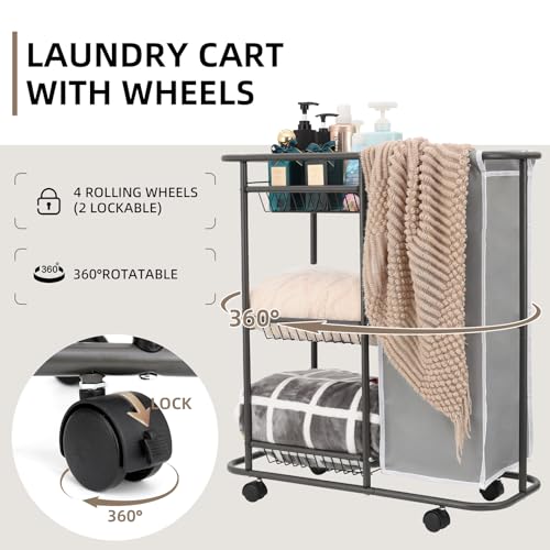 Rolling Laundry Sorter with 3 Storage Baskets and 45 L Bag, 3-Tier Laundry Caddy Between Washer and Dryer,Laundry Room Organization with Wheels and Handle for Narrow Space Bathroom Apartment Dorm - color: Grey