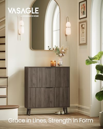 VASAGLE MAXE Collection - Shoe Storage Cabinet with 2 Flip Drawers, Freestanding Narrow Shoe Rack Organizer for Entryway, Fluted Doors, Fits 12-16 Pairs, Mid Century Modern, Walnut Brown UHSC202KF02S - color: Walnut Brown, size: 9.4"D x 34.2"H, style: 3 F