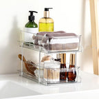 2 Tier Clear Organizer with Dividers for Cabinet, Shlef, Counter - MultiUse Slide-Out Storage Container - Kitchen, Pantry, Medicine Cupboard Bins, Bathroom, Vanity Makeup, Under Sink Organizing - size: 8" W - 1 Set
