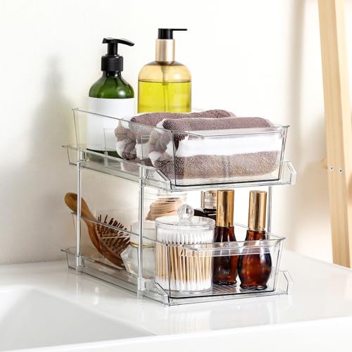 2 Tier Clear Organizer with Dividers for Cabinet, Shlef, Counter - MultiUse Slide-Out Storage Container - Kitchen, Pantry, Medicine Cupboard Bins, Bathroom, Vanity Makeup, Under Sink Organizing - size: 8" W - 1 Set