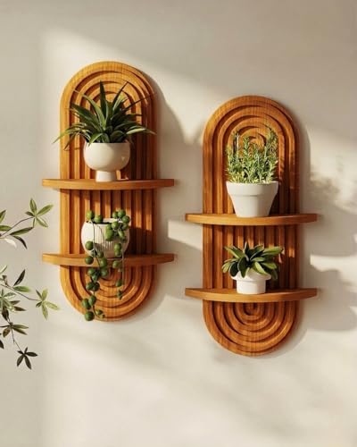 Bamworld Boho Wall Decor Brown Plant Wall Shelf, Mid Century Modern Decor Hanging Plant Shelf, 2-Tier Wooden Floating Shelves for Home, Bathroom Bedroom Living Room, Office Planter Decoration 2 pcs - color: Brown - Glossy, size: 16.7'' 2pcs