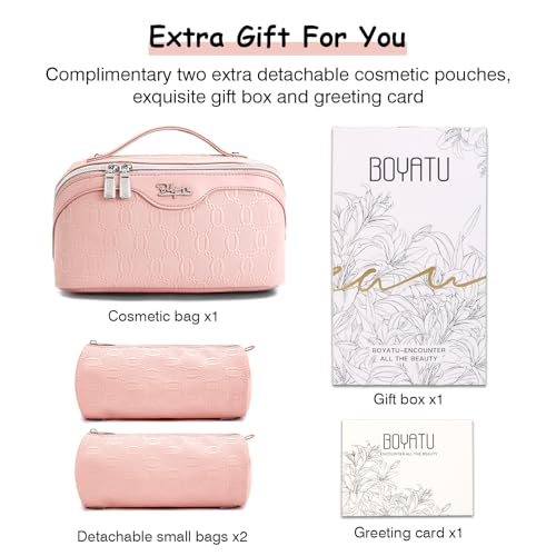 BOYATU Travel Makeup Bag for Women: Cosmetic Organizer Bag with Compartments - Leather Make up Bags Set of 3 (G-3-Pink) - color: G-3-Pink