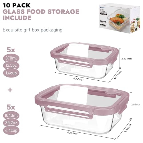 10-Pack Glass Food Storage Containers with Tempered Lids – Borosilicate, Airtight, Oven-Safe (-4°F~950°F), BPA-Free, 4.4 & 1.6 Cup, Leak-Proof, Dishwasher Safe (Pink) - color: Tempered Lids Pink, size: 4.4Cup*5 & 1.6 Cup*5
