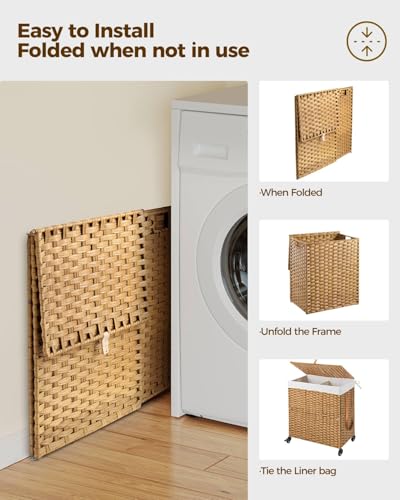 Greenstell Laundry Hamper with Wheels, No Install Needed, 110L Divided Handwoven Hampers & 2 Removable Liner Bags, Synthetic Rattan Clothes Laundry Basket with Lid & Handles, Foldable Hampers Natural - color: Natural, size: 110L: 22.0x13.5x26.4 Inches