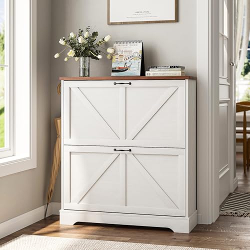 Smart FENDEE Shoe Cabinet, Shoe Storage Cabinet for Entryway with 2 Flip Drawers, Narrow Farmhouse Shoe Organizer Cabinet, Slim Shoe Rack Cabinet, White - color: White, size: Width - 31.5 inches