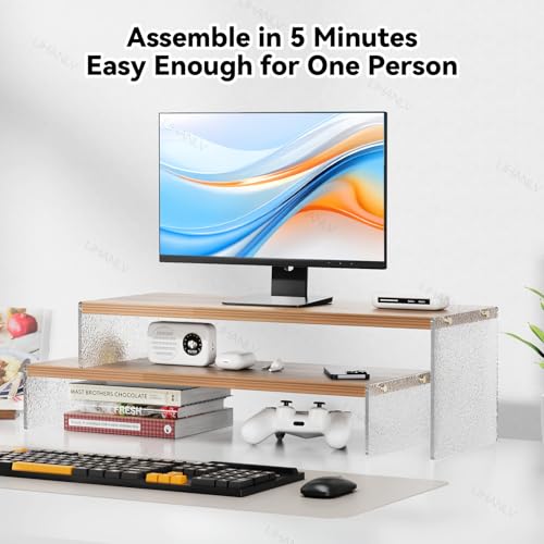 Adjustable Monitor Stand Riser with Acrylic Legs丨7.67" Wide Dual Monitor Stand for Desk丨2-Tier Wood Desktop Organizer for Computer, Laptop, Printer & PC丨Modern Aesthetic Desk Shelf(wood-glacial striae) - color: wood-glacial striae, size: 7.67' W*19.3L