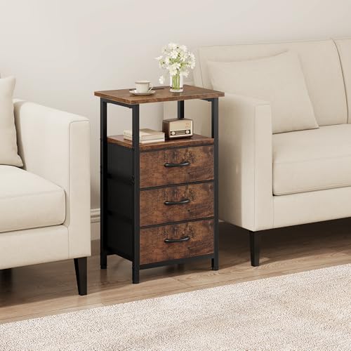 Vagusicc Nightstand with Charging Station, Bedside Table with USB Ports and Outlet, End Table Side Table with 3 Fabric Drawers and Storage Shelf, Bed Side Table Night Stand for Bedroom, Rustic Brown - color: Rustic Brown, size: 1 Piece, style: Ordinary
