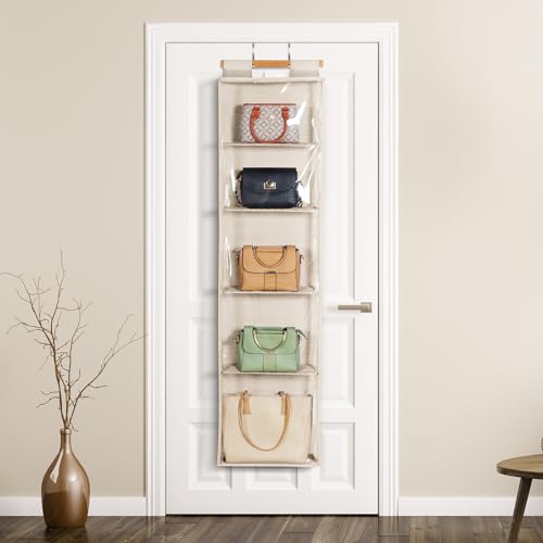 Syeeiex Hanging Handbag Purse Organizer with Zippers, 5 Mesh Shelves,Clear Slubbed Fabric+PVC Hanging Closet Bag Organizer, Dustproof Handbag Closet Tote Storage Bag for Door, Wardrobe, Beige - color: Beige-5 Shelves