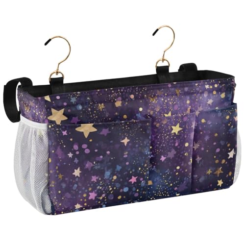 Bedside Caddy Metal Frame Hanging Organizer Bunk Bed Dorm Accessories Hook And Loop Storage Bag Large Pockets Dark Purple Dotty Stars - color: Dark Purple Dotty Stars