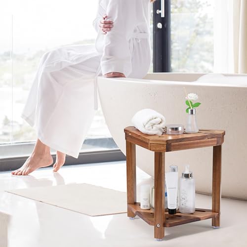 Boulphia Shower Foot Rest 14in, Acacia Wood Shower Stool for Shaving Legs, Waterproof Corner Shower Stool with Storage Shelf for Inside Small Shower Spaces, Wood Color - color: Wood Color