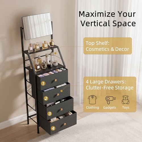HIGDBFE 4-Drawer Dresser with Mirror, Vanity with 2-Tier Shelves, Fabric Chest of Drawers for Small Space, Vertical Storage Cabinet for Bedroom, Nightstand Bedside Table Furniture, Black, 15.3" W - color: Black