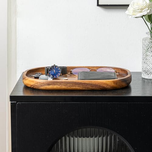 Acacia Oval Wooden Valet Tray for Men Women, Acacia Wood Serving Tray Key Dump Bedside Nightstand Dresser Organizer EDC Catch All Decorative Wooden Tray for Phone Wallet Keys Jewelry (12 x 7.9 Inch)