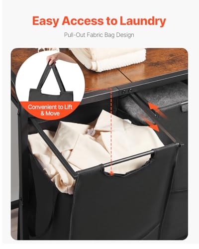 VEVOR 2 Section Laundry Sorter, Large Laundry Hamper with Metal Frame and Wooden Tabletop, Freestanding Storage Organizer Baskets with Pull-Out 600D Oxford Cloth Bags for Dirty Clothes, Bathroom - style: 2 Section