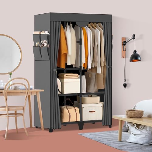 Wardrobe Closet, Quick and Easy Assembly, Gray Portable Closet with 2 Hanging Rods 4 Storage Shelves and Side 8 Pockets, Sturdy and Stable Clothes Rack with Cover, for Bedroom and Dormitory - color: Grey, size: 34 Inch