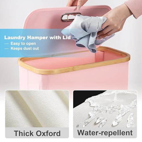 Vincona Laundry Basket with Wheels, Tall Dirty Clothes Hamper on Wheels, Rolling Laundry Hamper with lid for Dorm, Bedroom and Bathroom - color: Pink, size: 65L