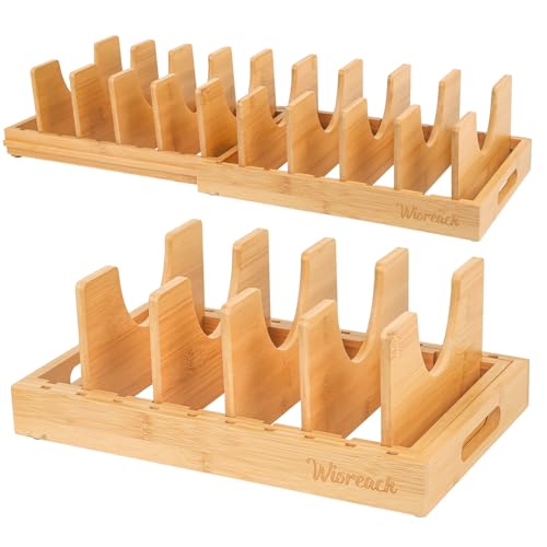 Wisreach Bamboo Pot Lid Organizer, Adjustable Kitchen Organizer for Cabinet, Expandable Pot and Pan Storage Rack, Kitchen Organization for Lids, Bakeware, and Cutting Boards