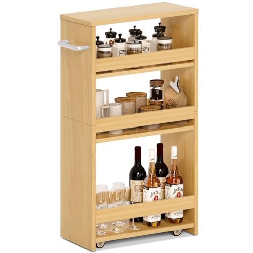 MARTY Rolling Storage Cart 7.9" W, 4-Tier Kitchen Cart with Wheels Handle, Slim Storage Cart Mobile Shelving Utility Carts for Bathroom Laundry Room Organization Narrow Places (Maple) - color: Maple, size: 7.9"D x 15.75"W x 31.5"H