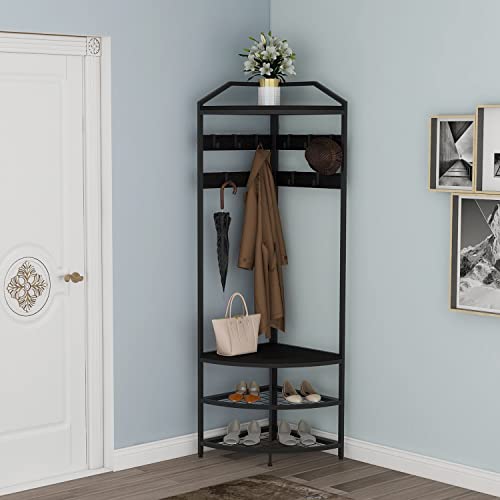GiftGo Corner Hall Tree with Shoe Bench Entryway Coat Rack with 10 Metal Movable Hooks Freestanding Clothes Rack Shoes Shelf Organizer for Home Office Bedroom (Black) - color: Black