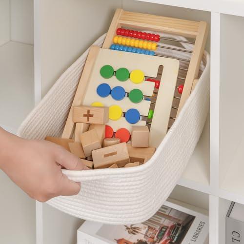 CubesLand Cute and Durable Small Cotton Rope Basket for Organizing, Woven Closet Storage Bin,Shelves Closet Storage Basket, Bathroom Storage Organizer Bin, Nursery Toy Basket Bin, White Basket - color: White, size: 14''x10''x5''